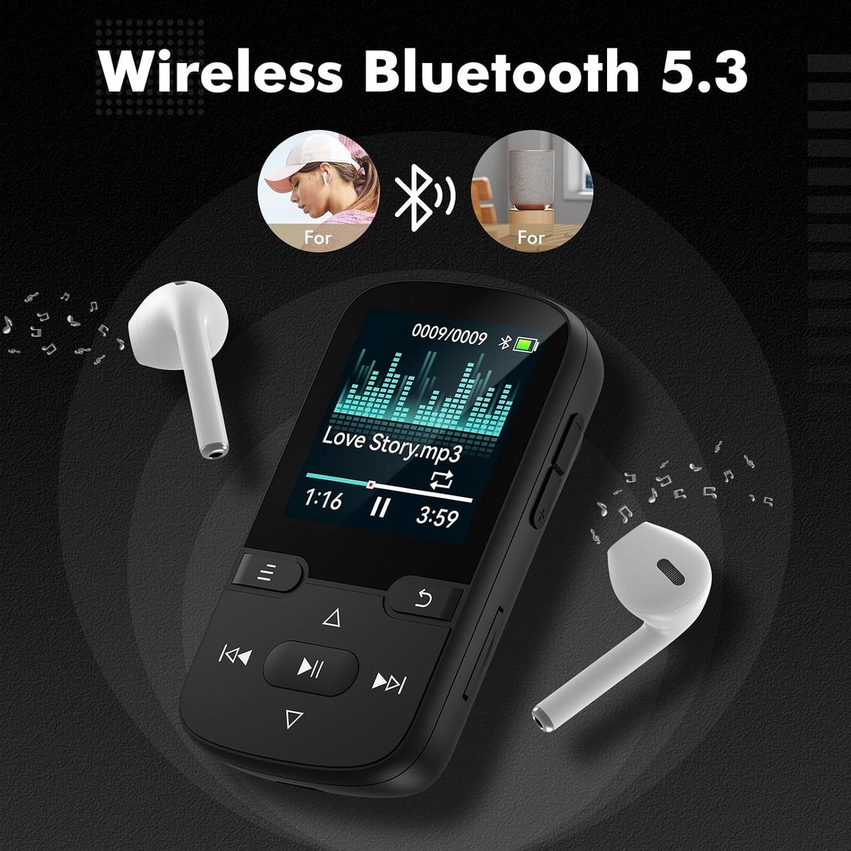 MP3-speler - Zwart - 6,5 x 3,5 x 1,1 cm - Draagbare Bluetooth Speler met Clip en FM-Radio - Voor Muziekliefhebbers