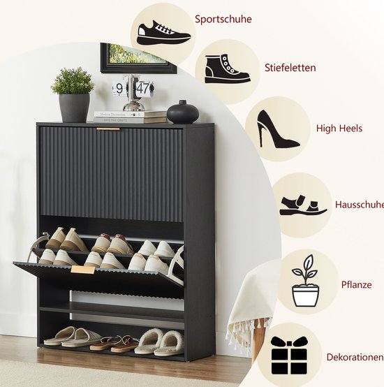 Schoenenkast Met Groef Front En Anti Kantel Beveiliging Voor Hal En Gang Zwart Spanplaat En Metaal 80 X 24 X 102 Cm — afbeelding 5