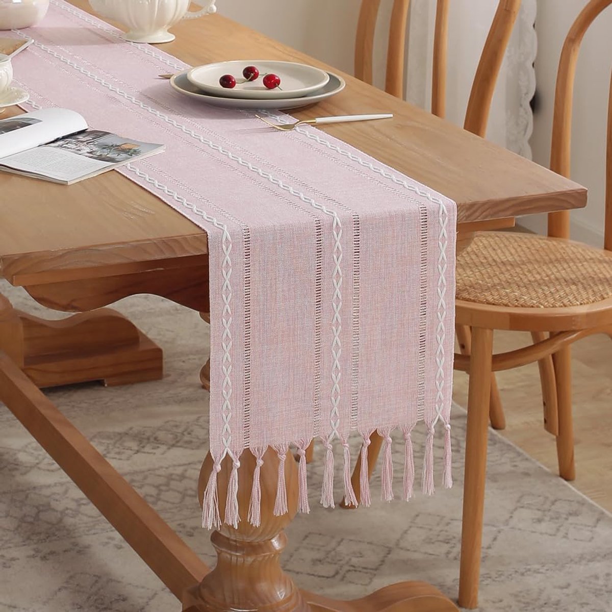 meioro Moderne tafelloper, tafelkleed 33 x 143 cm met kwastjes, handgemaakte vintage strepen, tafeldecoratie voor - ShopVlot