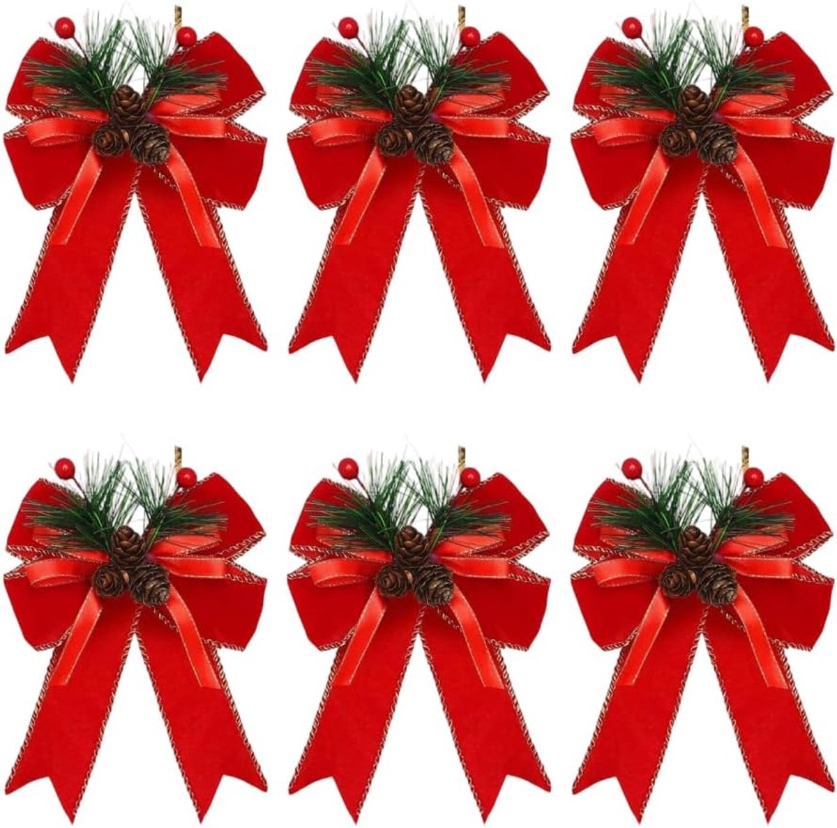 Kerststrikken, 6 stuks, rode kerstboomstrikken met dennenappels en bessen, decoratieve glitter-piekstrikken voor - ShopVlot