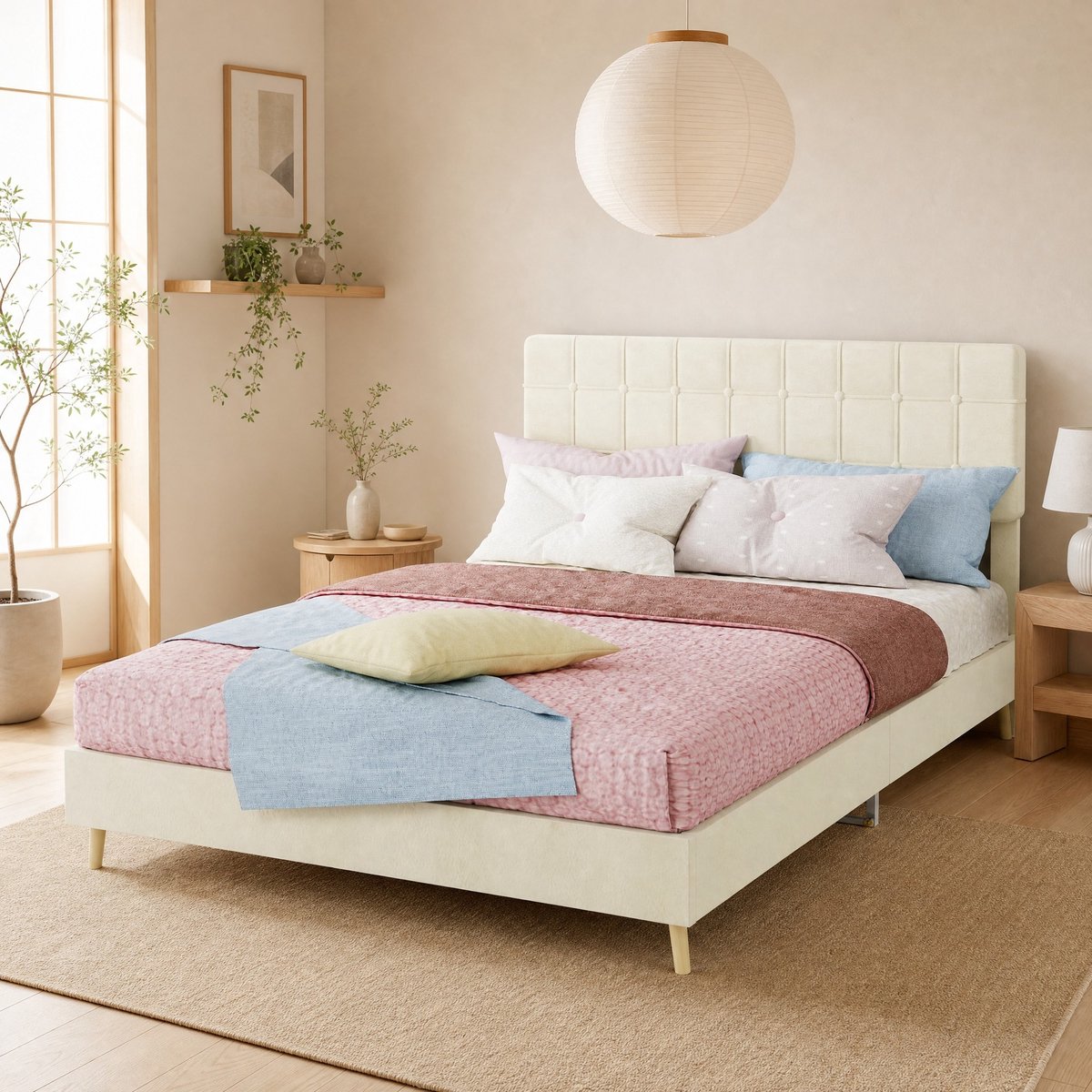 Wishdor Bedframe 140x200 cm - Modern stoffen tweepersoonsbed met gequilt hoofdbord - Beige - Lattenbodem - Volwassenen - 205 x 140 x 133 cm