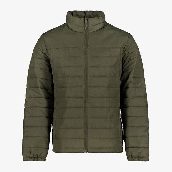 Dames jas in het groen. Gevoerd met horizontale lijnen. Vooraanzicht.