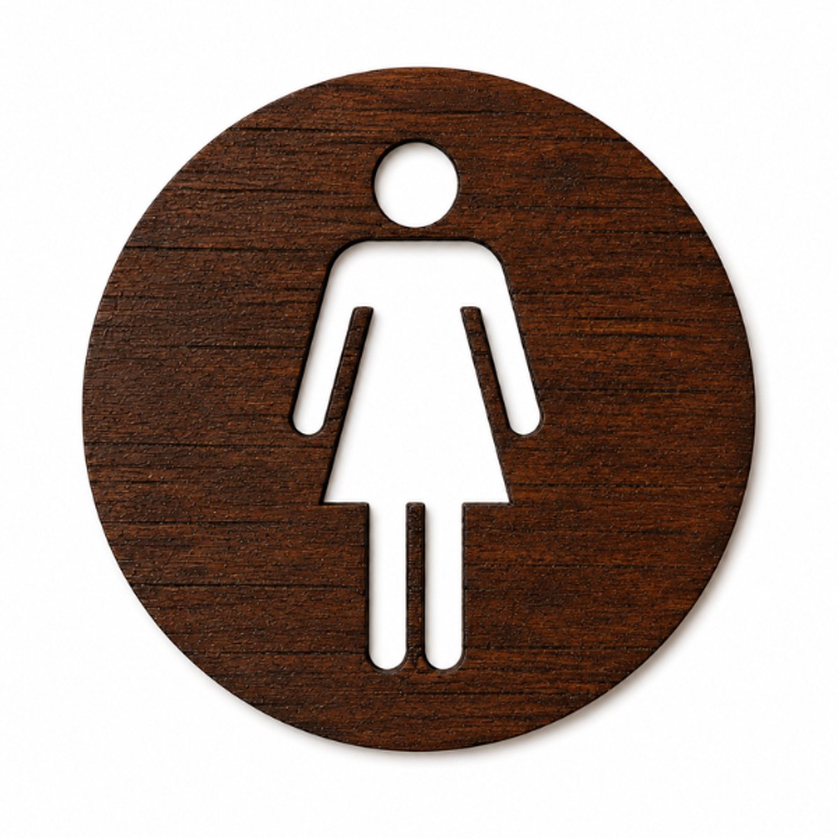 Zelfklevende houten toilet sticker – WC bordje met dames pictogram – Rond hout design Ø6 cm – Eenvoudig te bevestigen - Palissander look