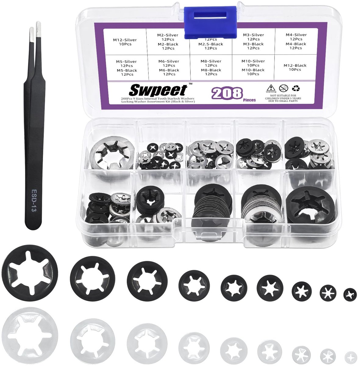 Swpeet Interne Tooth Star Lock Washers (RVS Tooth Lock Washers) met pincet kit, M2 M2.5 M3 M4 M5 M6 M8 M10 M12 veer - ShopVlot