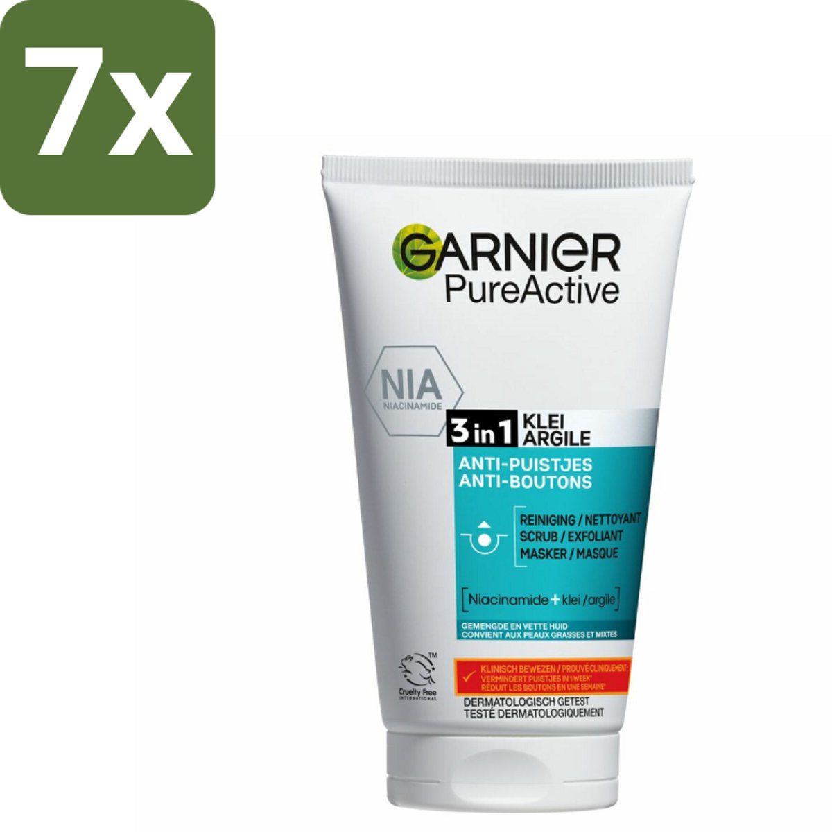 Garnier - Pure Active - 3-in-1 Reiniging Scrub Masker - Tegen Puistjes & Onzuiverheden - Klei & Niacinamide - 150 ml - Bulkverpakking - 7 stuks