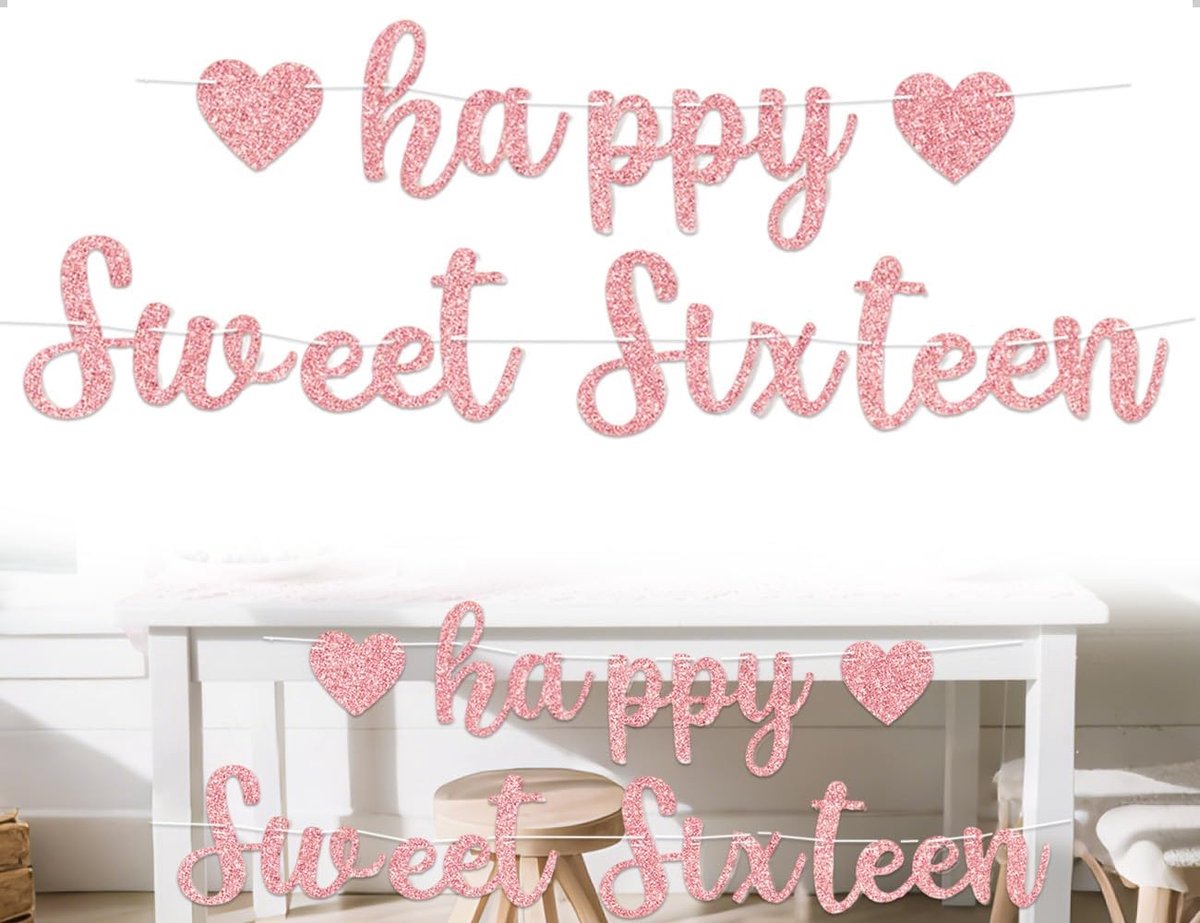 Verjaardagsfeestdecoratieset - 16 delig - roségoud - elegante glitterbanner voor een charmant feest - ShopVlot