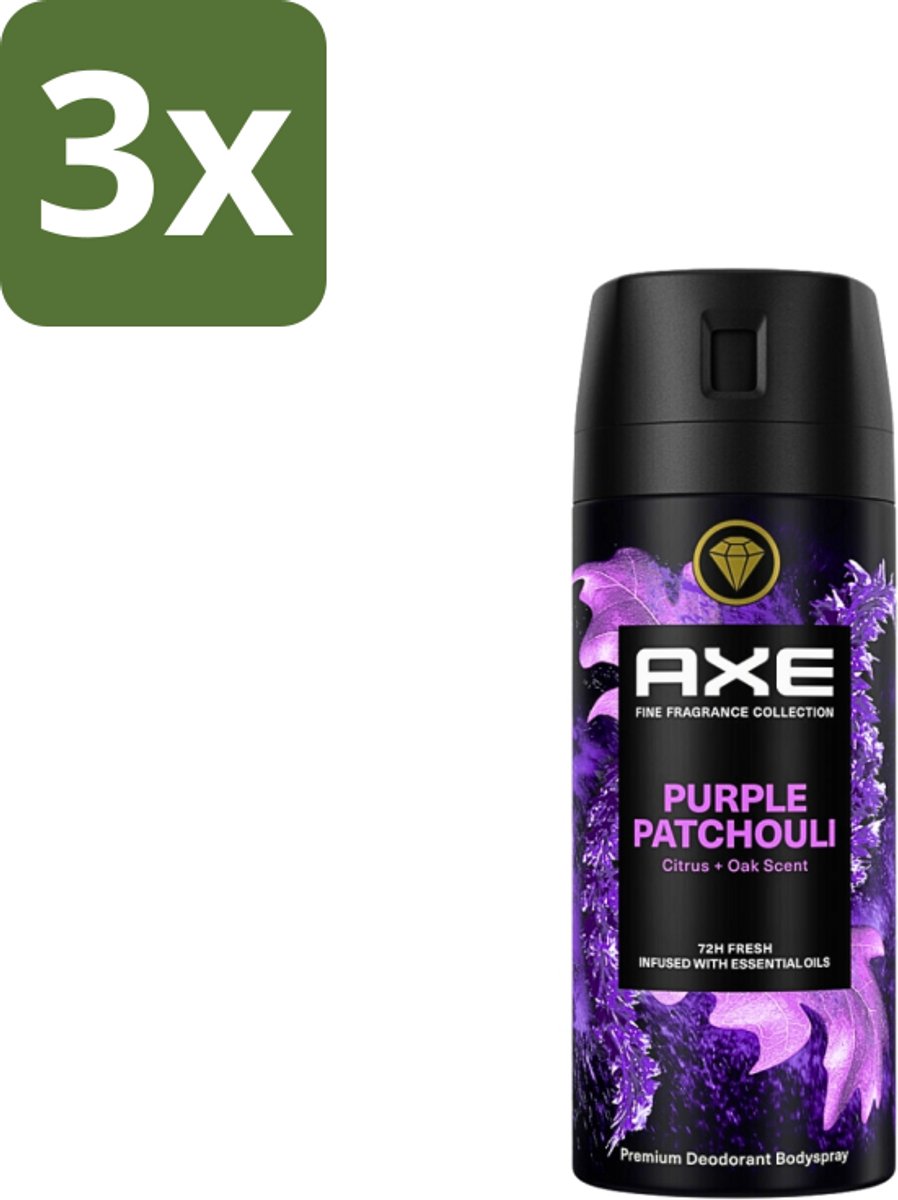 AXE - Deodorant Spray - Purple Patchouli - Verfrissend - Kruidige Geur - 150 ml - Bulkverpakking - 3 stuks