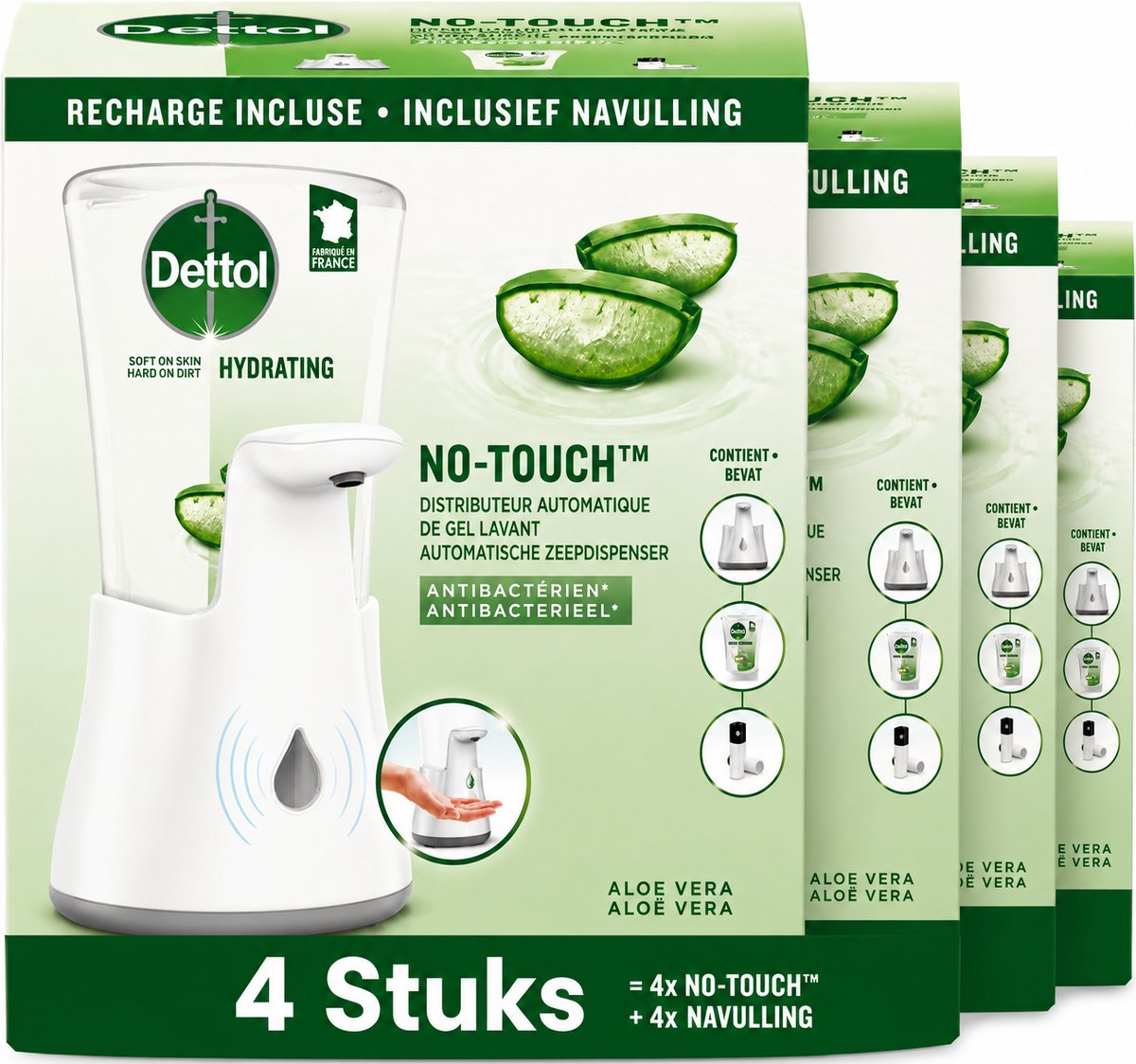 Dettol No-Touch - 4 x Automatische Zeepdispenser Zilver met Hydraterende Aloë Vera Navulling - 250 ml
