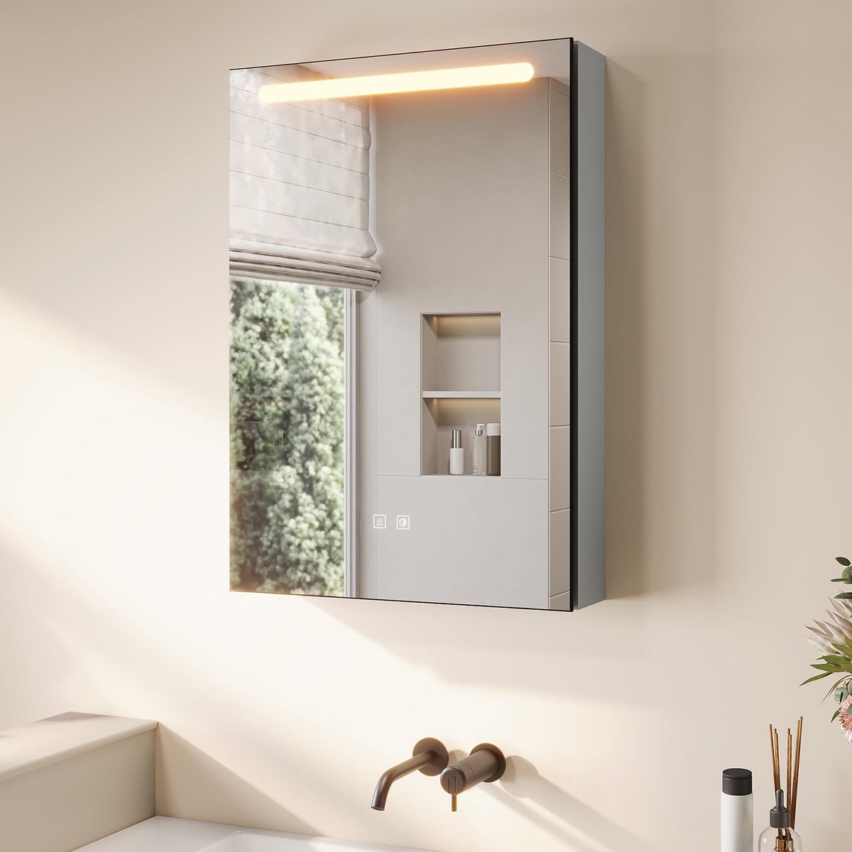 Led-spiegelkast 48,5 x 70 cm - grijs - met make-upplank - anti-condens en dimbaar licht - ShopVlot