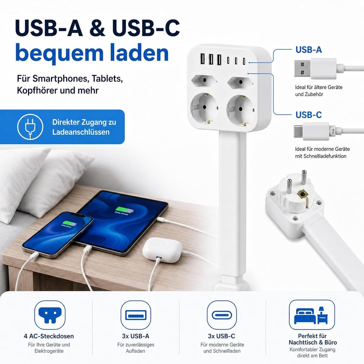 Uittrekbare Stekkerdoos - 45-65 cm - Met USB en Type C - Wandmontage voor Bank, Bed of Bureau