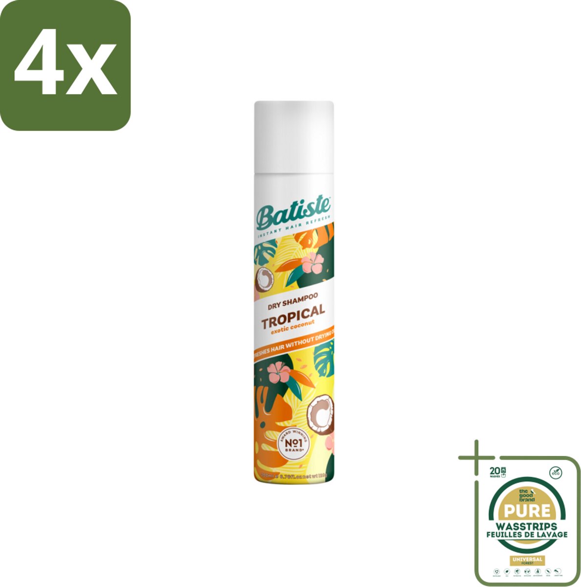 Batiste - Tropical - Droogshampoo - Tropische Geur - Verfrist en Stylet - 200ml - Voordeelverpakking - 4 stuks - Kokos - Exotische geur