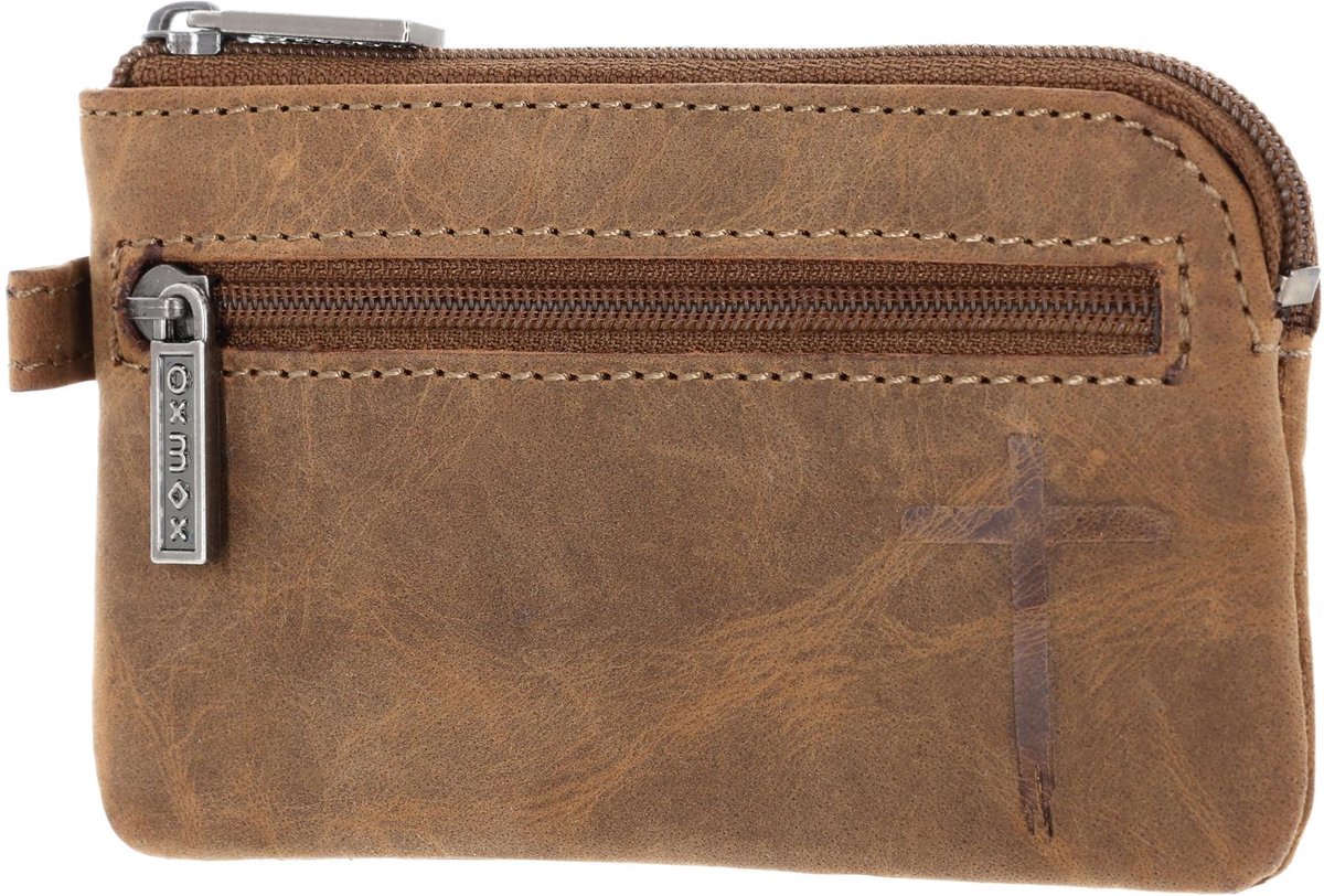 oxmox Leren sleutelgeval Leather Keyholder Freedom Cross Embossed Vintage Light Brown bruine