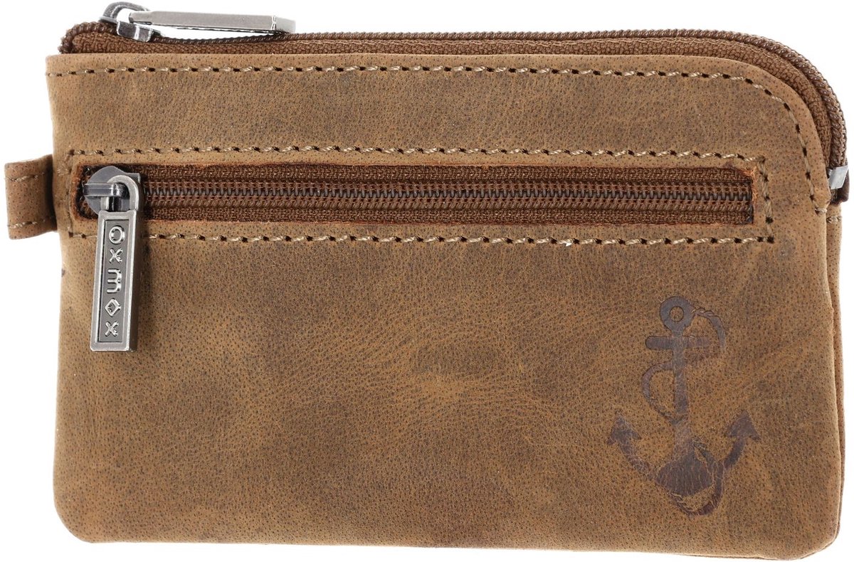 oxmox Leren sleutelgeval Leather Keyholder Freedom Anchor Embossed Vintage Light Brown bruine