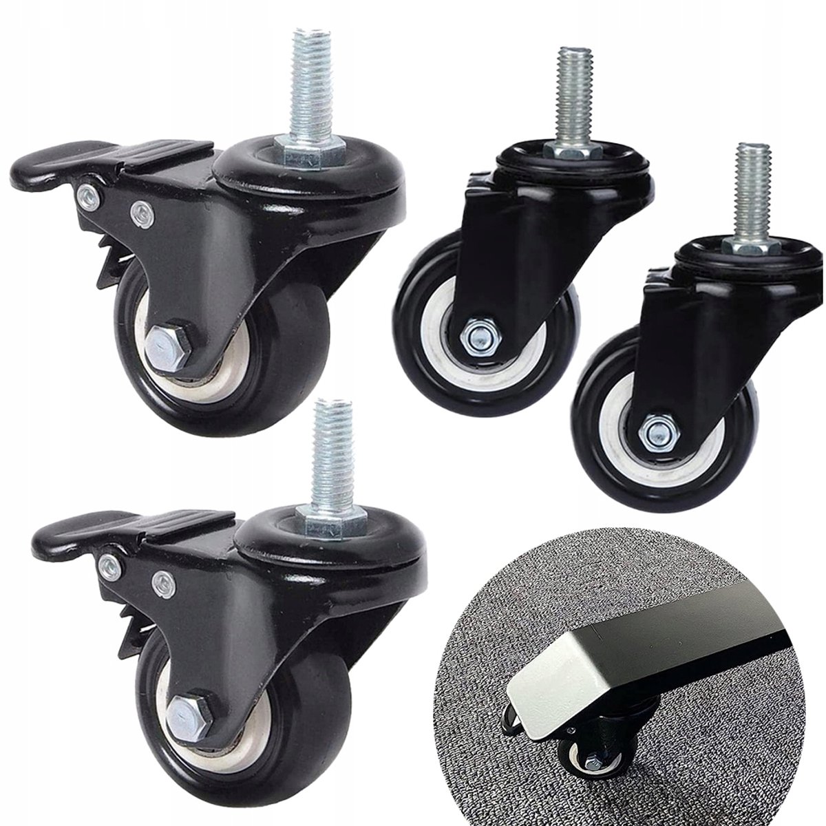 4x Zwenkwielen 40mm Rubber met Rem, M8 Schroef, Merkloos