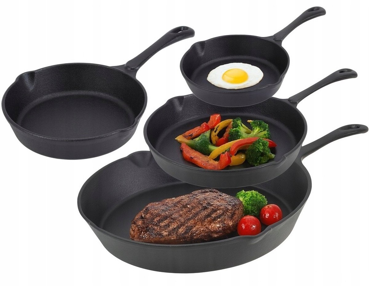 Set van 4 Zware Gietijzeren Koekenpannen - 16-30 cm - Inductie & Gas