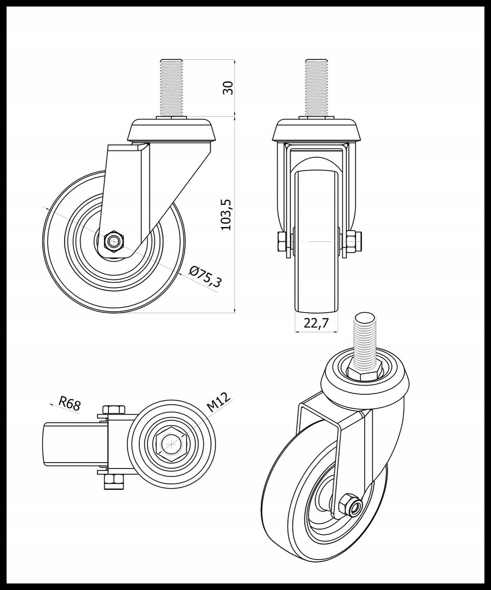 Möbelwiel met M12x30 Schroefdraad, 75mm diameter, 40kg trekvermogen