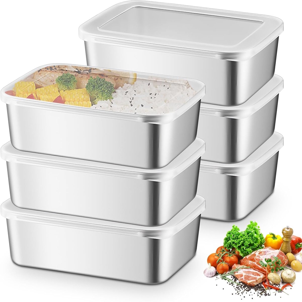 Opbergdoos Set Van 6 Stuks - RVS Voedselbewaarbakjes 1100 Ml Met Deksel - Vershoudbox Voor Vlees Fruit En Maaltijden - Geschikt Voor Koelkast En Vriezer