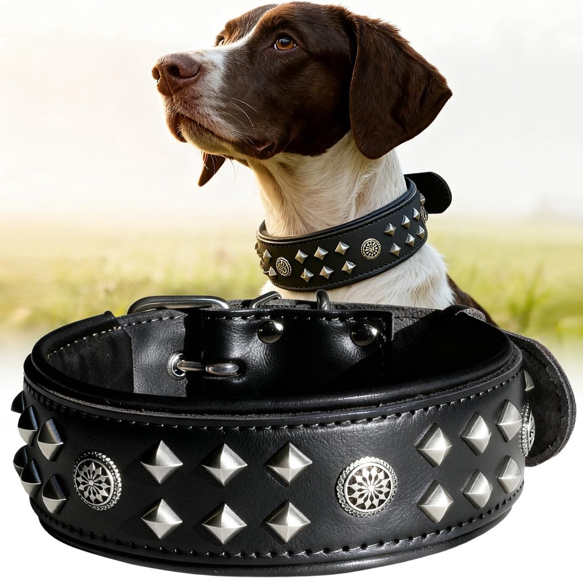 Hondenhalsband 5,5 cm Breed - Handgemaakt Leer - Met Nieten en RVS Gesp - Voor Dagelijks Gebruik Grote Honden
