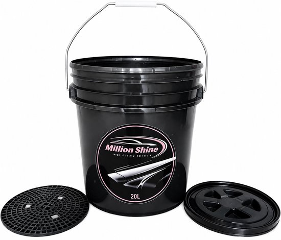 Zwarte 20L emmer 'Million Shine' met zeef en deksel. Logo met autosiluet.