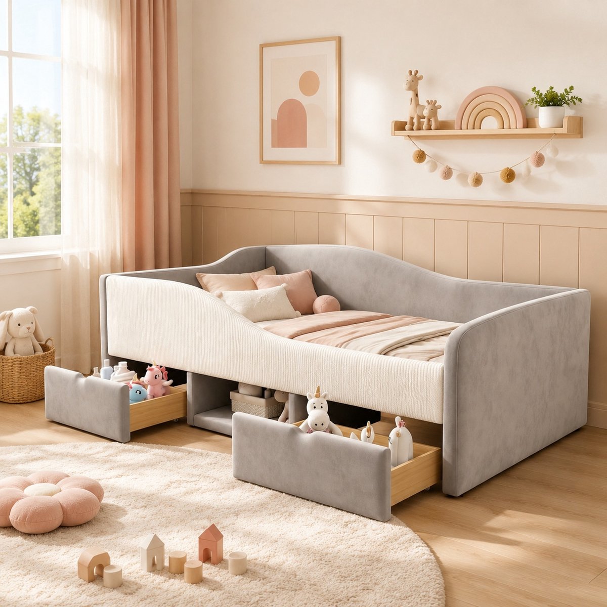 MODENUIT Kinderbed 90x190 cm - Met 2 Laden En Veiligheidshekken - Voor Kinderkamer - Stof Grijs