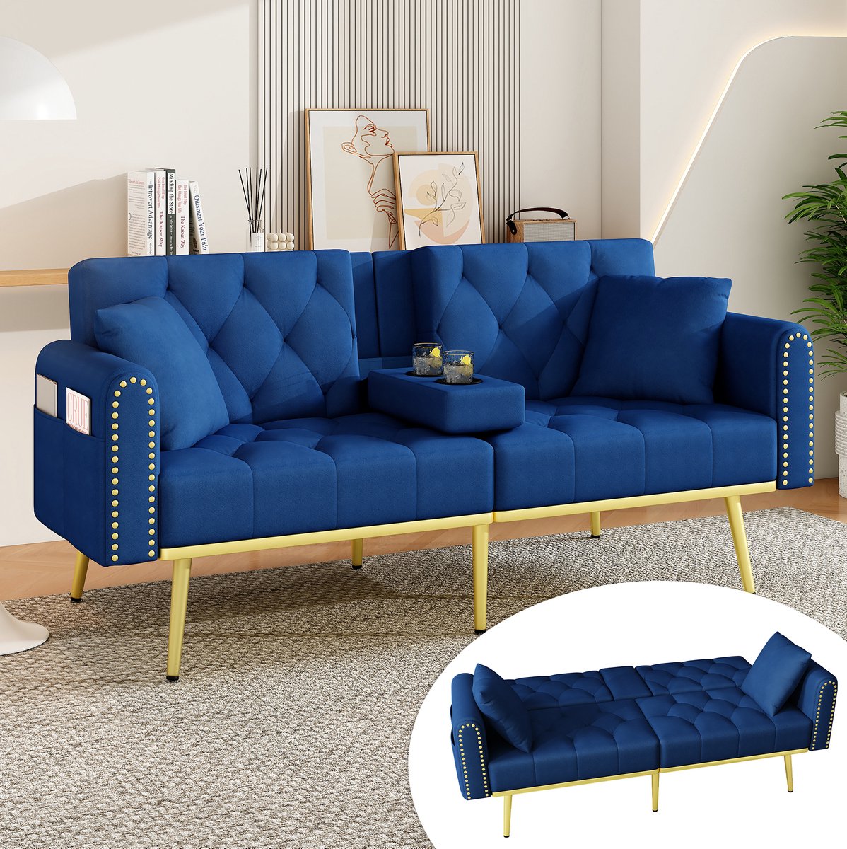 Slaapbank 175 x 80 x 73,5 cm - Verstelbare Rugleuning En Bekerhouder - Voor Woonkamer En Kamer - Velvet Blauw