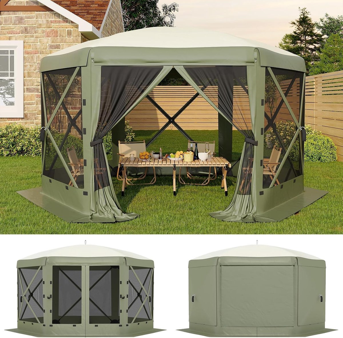 Zeskantige Pop-up Partytent - 365 cm (12FT) - Inclusief Muggennet & 6 Afneembare Zijwanden - Snel Opzetbaar - Wind- en Waterbestendig - Groen - Luxe Prieel voor Tuin en Camping