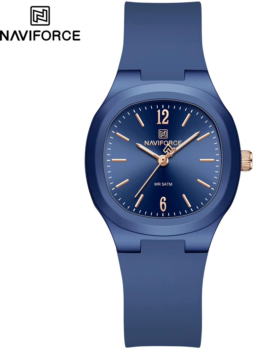 NAVIFORCE horloge met blauwe gefumeerde siliconen polsband, blauwe wijzerplaat en blauwe horlogekast voor dames met stijl ( model 7129 BEBE )