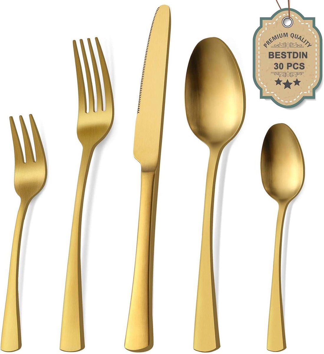 Bestekset 30-delig - matte gouden roestvrijstalen bestek - hoogwaardig en vaatwasserbestendig - perfect voor 6 personen
