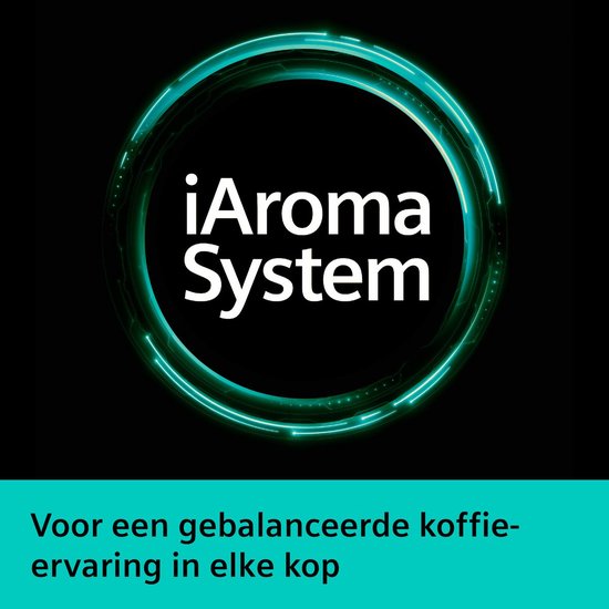 Groen oplichtende cirkel met "iAroma System". "Voor een gebalanceerde koffie-ervaring in elke kop".