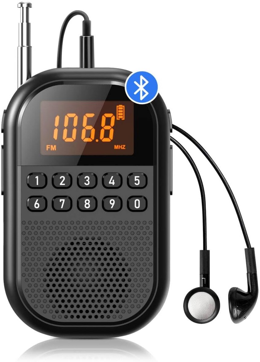 Draagbare AM/FM-radio, 1100mAh oplaadbare radio, Bluetooth-ontvanger - Zwart - Mini FM/AM-ontvanger met grote luidspreker, 24 uur afspeeltijd, stereo-oortelefoon, slaaptimer, gemakkelijk te gebruiken tijdens het joggen en wandelen.