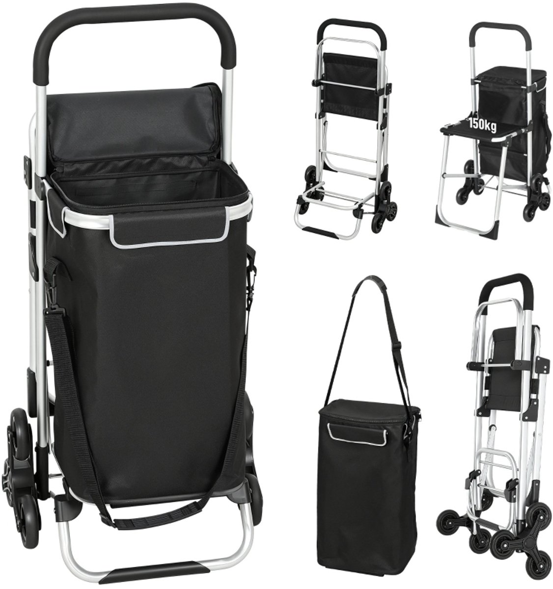 REDOM - Boodschappentrolley - 3-wiel ontwerp - Opvouwbaar frame - Afneembare shopper met thermovak - Voor boodschappen en trappen - Aluminium - Zwart - 46 x 24,5 x 97 cm