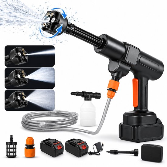 Draadloze Hogedrukreiniger 75 Bar - Accu Hogedrukreiniger 500 W, 260 L/u, 6-in-1 Sproeikop, 180° Draaibaar, 2 Standen, Schuimsproeier & Filter - Voor Auto & Tuin — afbeelding 3