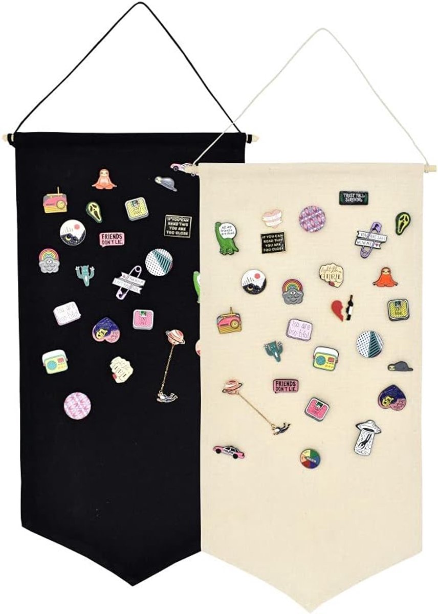 Wandgemonteerde Brochehouder - Opbergtas voor Sieraden - Canvas Displaystandaard - Emaille Speld Displaybanner - Oorbellen en Kettingen Organiser - Opbergdoos voor Glitterpins Collectie (Zwart en Wit)