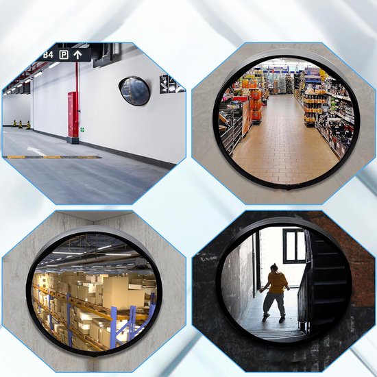 Vier voorbeelden van toepassingen voor bolle spiegels: parkeergarage, winkel, magazijn en een gang.