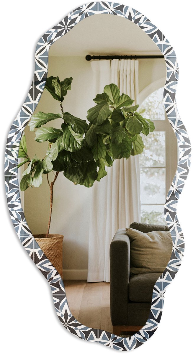 TULUP Geometrische Bloemen Spiegel - Marine Rechthoekige Spiegel Met Modern Design - Organische Spiegel - Badkamer, Hal, Woonkamer - Geometrisch - 45x90 cm - Totale afmeting 52x97 cm Geometrische Bloemen, Marineblauw