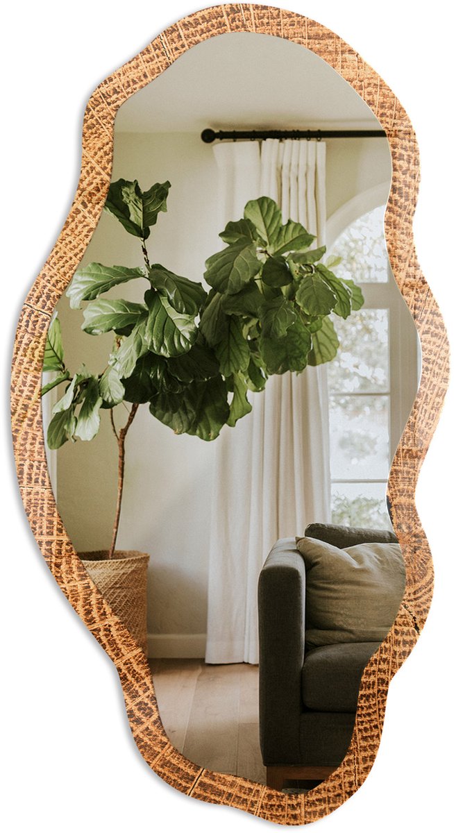 TULUP Houten Constructie Spiegel - Bruin Moderne Rechthoekige Wandspiegel - Organische Spiegel - Woonkamer - Rustiek - 45x90 cm - Totale afmeting 52x97 cm Houten StructuurStructuur, Bruin