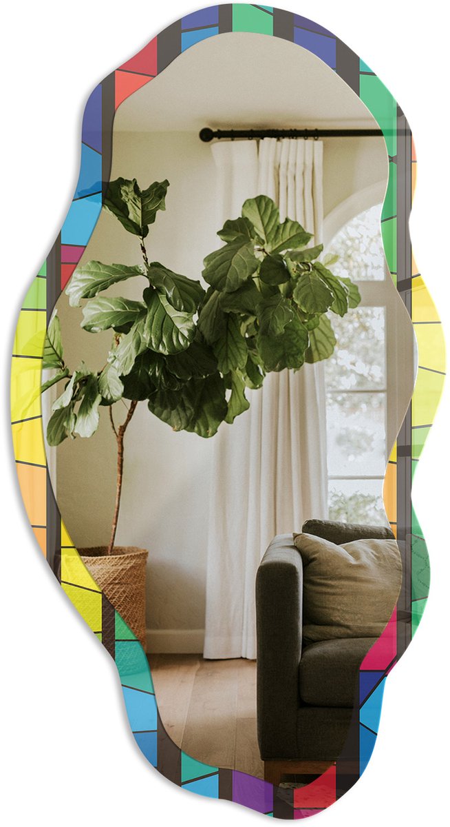 Tulup Kleurrijk Mozaïek Spiegel - Geel Rechthoekige Spiegel Voor Interieur - Organische Spiegel - Woonkamer, Kantoor, Hal - Geometrisch - 45x90 cm - Totale afmeting 52x97 cm