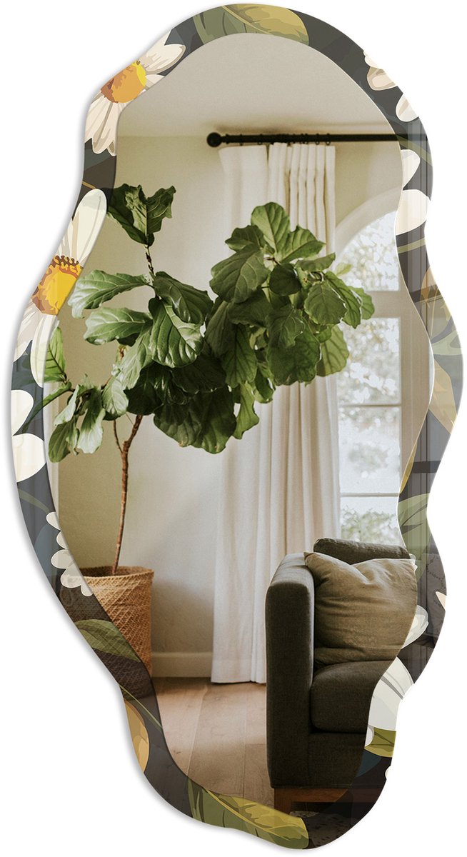 TULUP Madeliefjes Natuur Spiegel - Wit Elegante Rechthoekige Wandspiegel - Organische Spiegel - Slaapkamer, Woonkamer, Hal - Illustratief - 45x90 cm - Totale afmeting 52x97 cm Madeliefjes Natuur, Wit