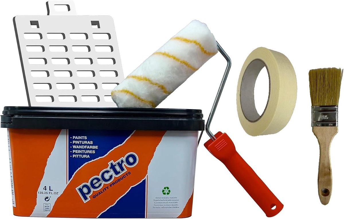 PECTRO Paint for walls and ceilings 4L Set of interior and exterior paint complete kit with roller, brush, grid and - ShopVlot