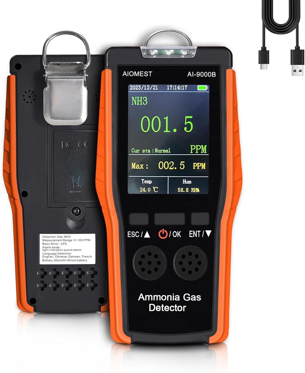 AIOMEST Amonia AI-9000B Portable Ammonia NH3 Air Gas Detector, 100ppm, 0.1ppm Precision, Data Logging, NH3 Sensor - ShopVlot