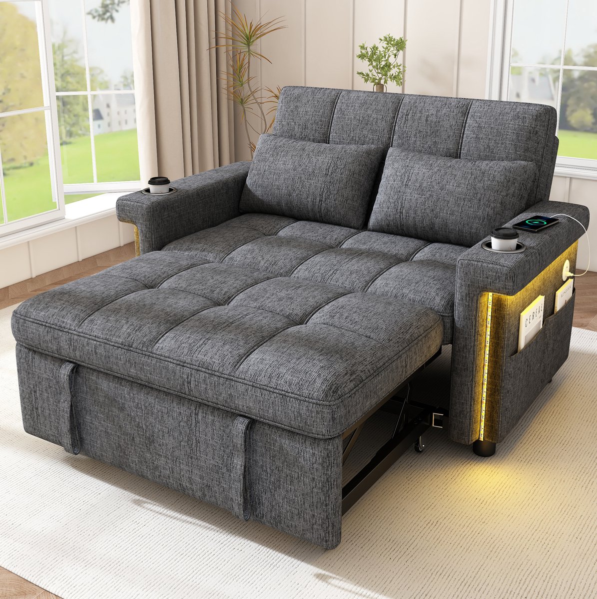 Slaapbank Met Verstelbare Rugleuning Ledverlichting Usb En Type C Oplaadpunt Bekerhouders En Opbergvak Voor Woonkamer Grijs Chenille