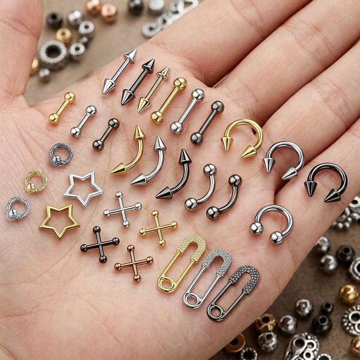80pcs Nail Art Charms Punk Nail Charms Metal Piercing Ring Silver Alloy Star Nail Accessories Y2K Nail Art Studs for - ShopVlot