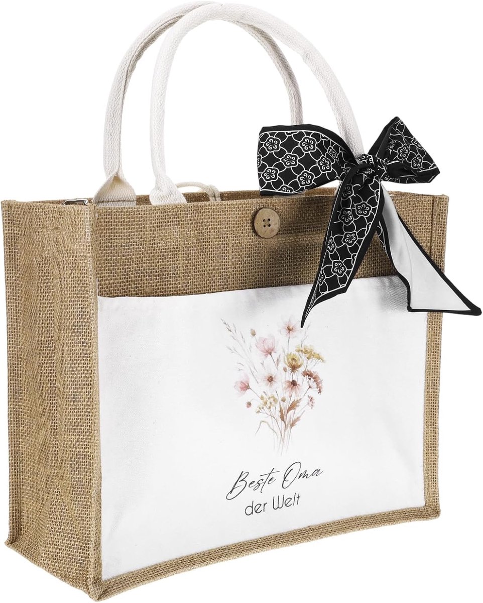 Beste oma geschenken, oma geschenkset met jute tas en zijden doek, jute draagtas + zwarte zijden doek, praktische oma - ShopVlot
