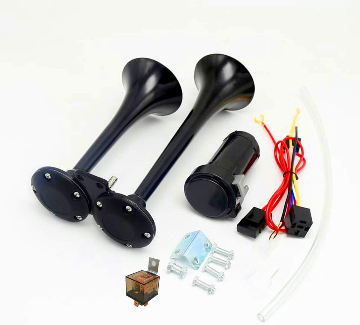 Air Horn 12V 150db Horn double tube horn black Chrome zinc Double trumpet car Horn with compressor for every 12V - ShopVlot