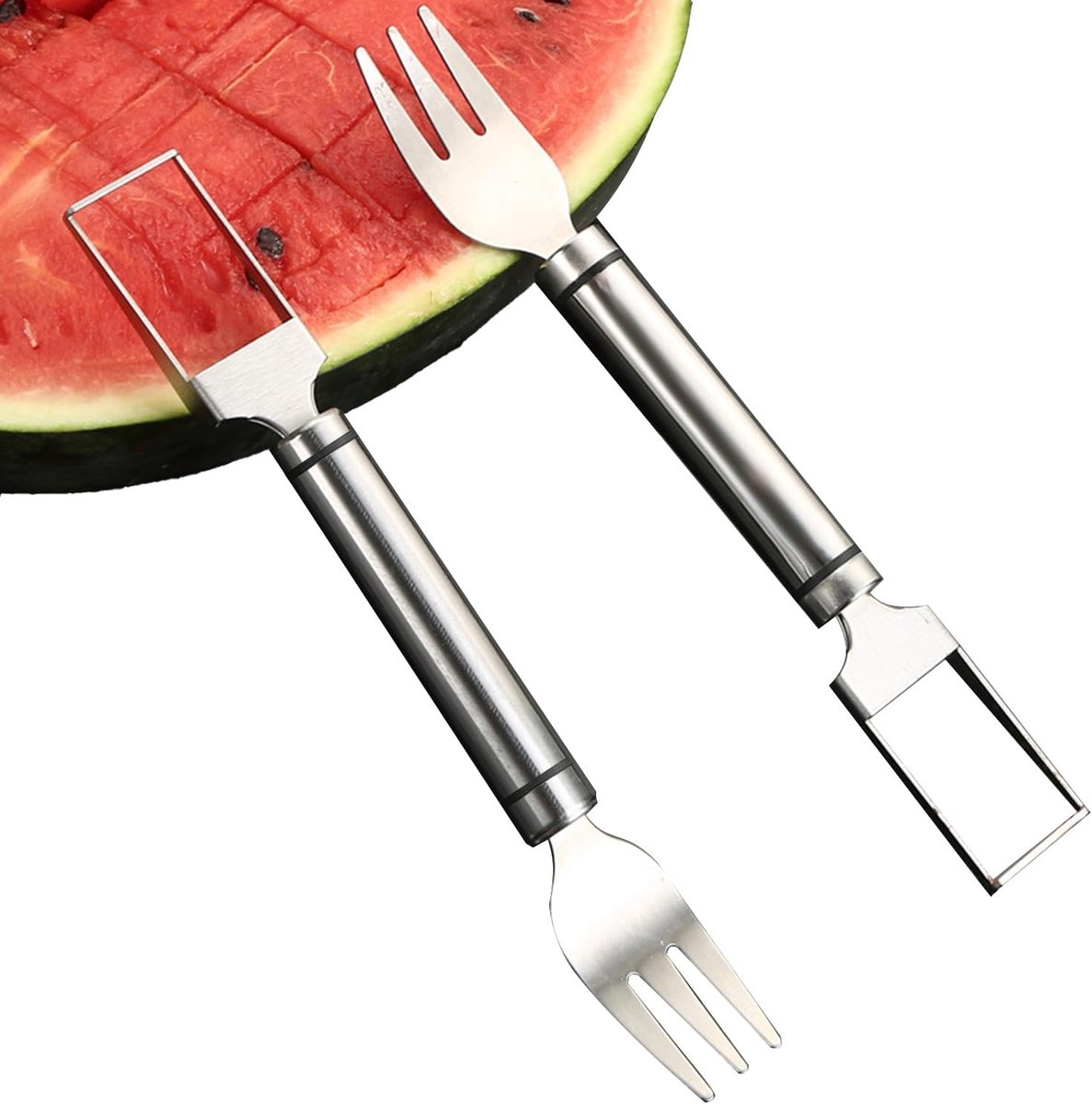 WUBAYI 2-in-1 Stainless Steel Fruit Cutter - Melon Cutter and Double Head Slicer, Watermelon Cube Cutter with Fork - ShopVlot