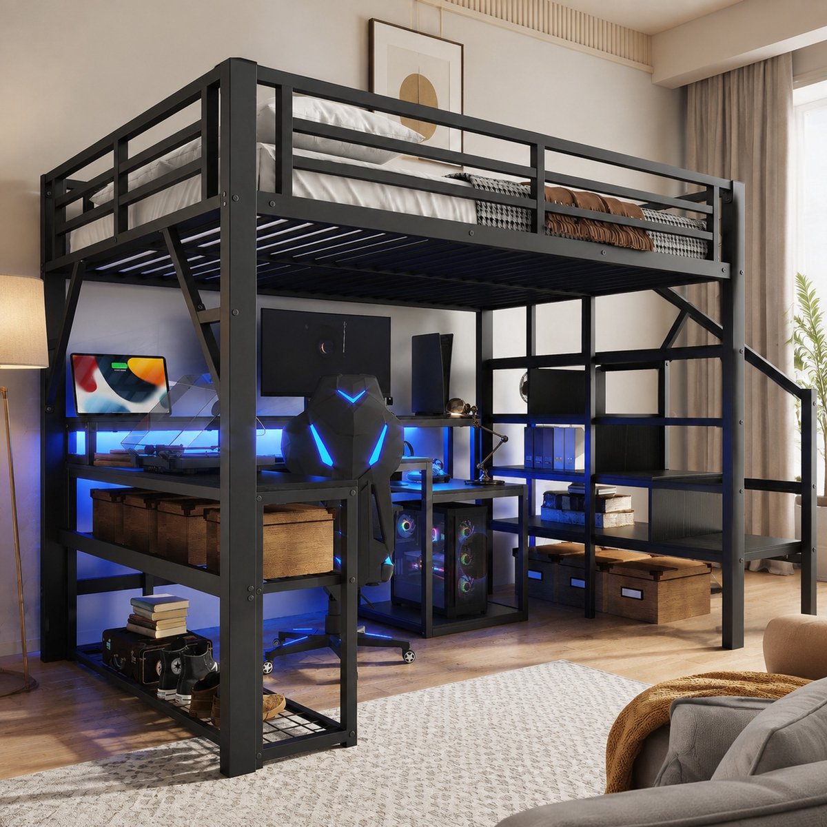 MEUNIQ Hoogslaper 140 x 200 cm met bureau, opbergvakken, trap met opbergruimte en LED-verlichting, zwart Wit