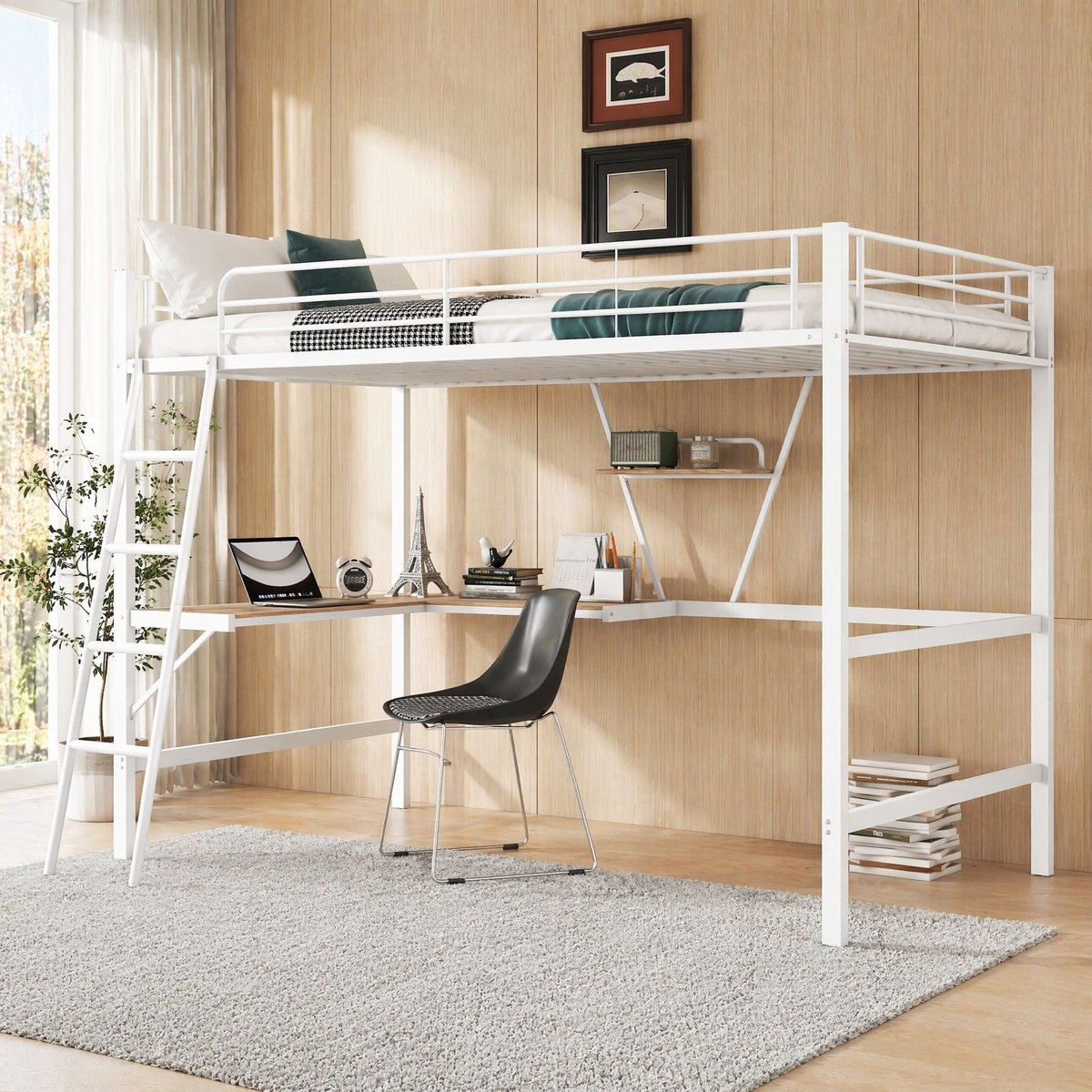 MEUNIQ Hoogslaper 90 x 200 cm met L-vormig bureau en rek, metalen bedframe met ladder en veiligheidshek voor kinderkamer, studeerkamer of studentenkamer, wit White