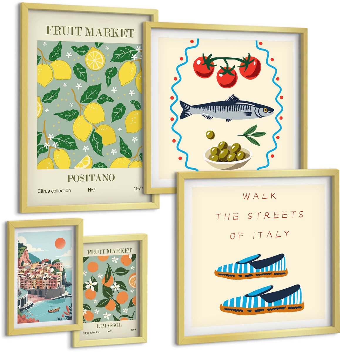 TULUP 5-Delige Schilderij Set - Verzameling van fruit en lokale markten uit Italië en het Middellandse Zeegebied - 50 x 50 cm, 20 x 30 cm en 40 x 60 cm - Muurdecoratie - Wanddecoratie - Hal - Interieur Decoratie Gouden lijst