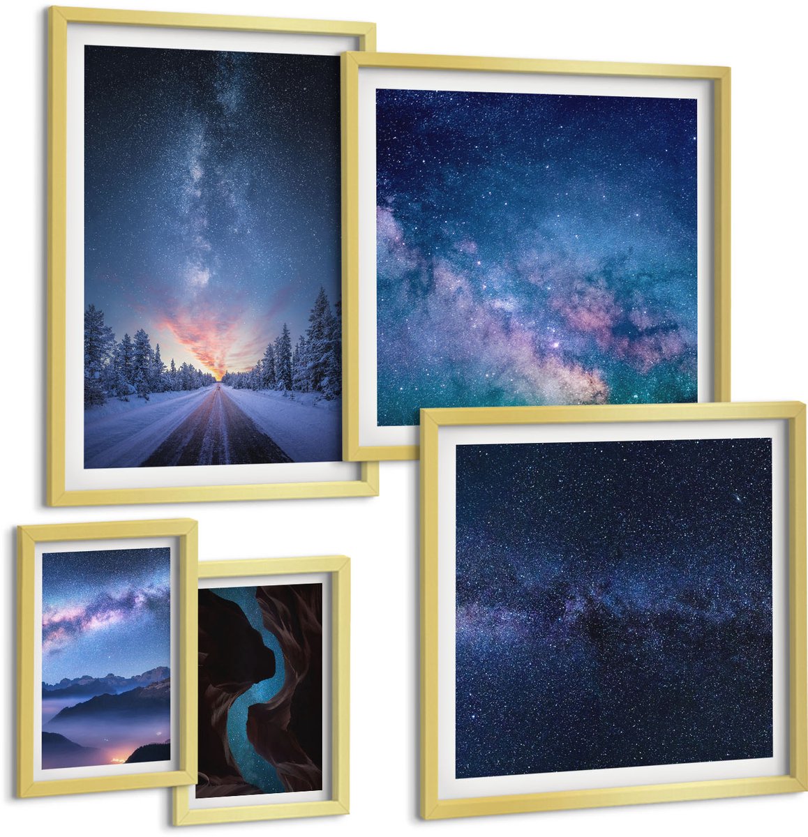 TULUP 5-Delige Schilderij Set - Ruimtenachtlandschappen met sterrenstelsels en landschappen - 50 x 50 cm, 20 x 30 cm en 40 x 60 cm - Stijlvolle Muurdecoratie - Kantoor - Decoratieve Schilderijen Gouden lijst