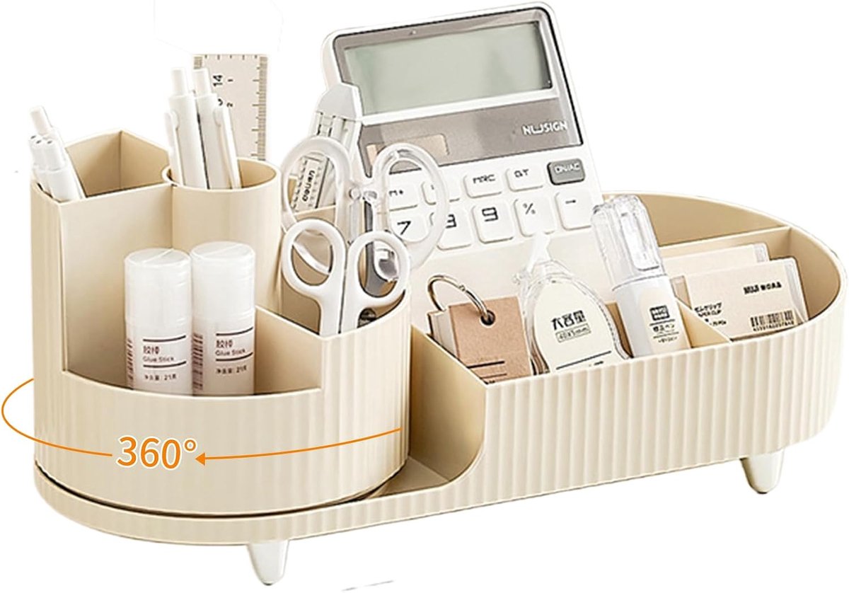 360° Rotatable Cream White Makeup Organizer, Rotating Compartment 2-in-1 Cosmetic Storage Box, Multi-Function Lipstick - ShopVlot